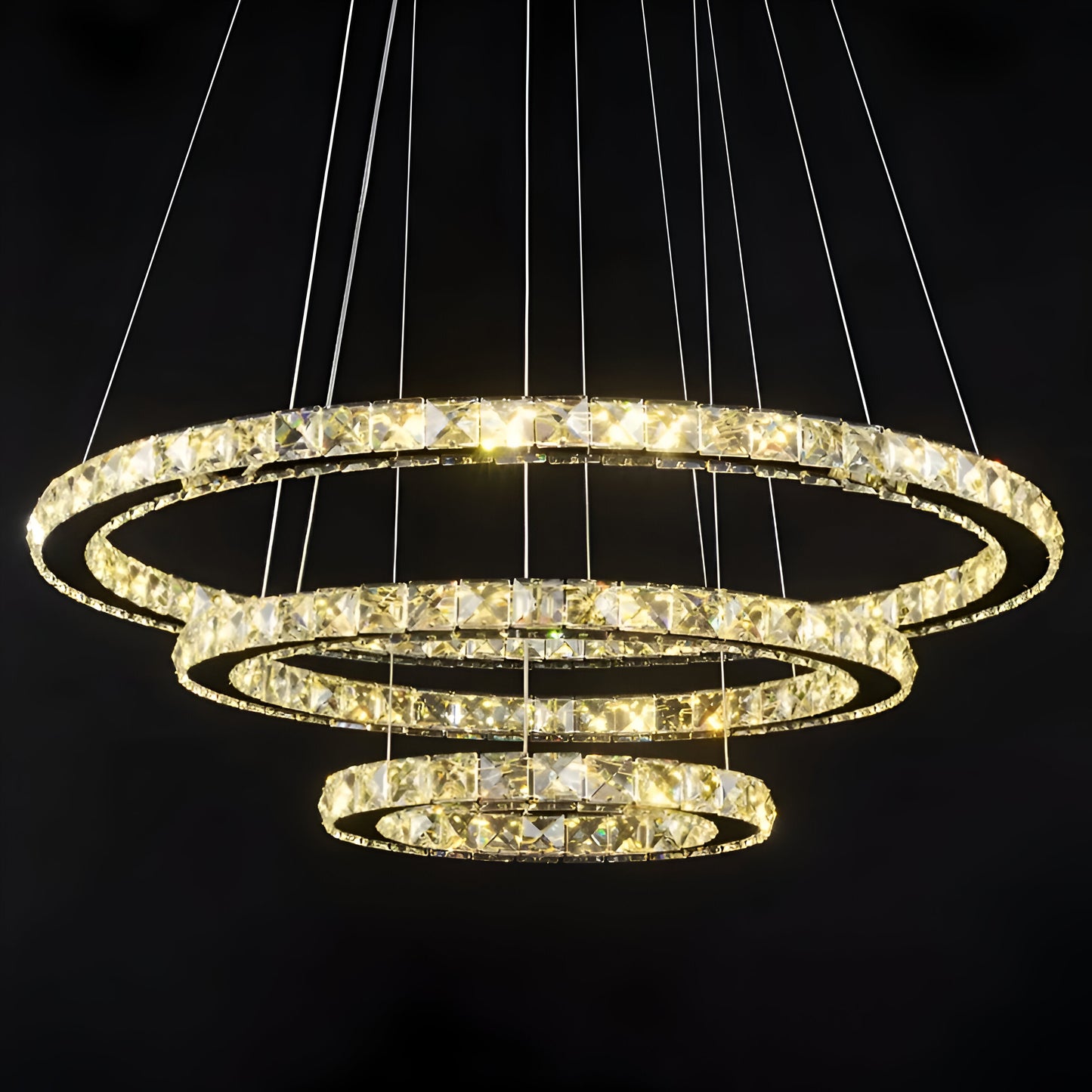 Lustra LED suspendata cu telecomanda si cristal PRISM LUMINIS , 78W, 3 Cercuri, lumina Rece/Calda/Neutra, Dimabila, Argintiu, Inaltime Reglabila