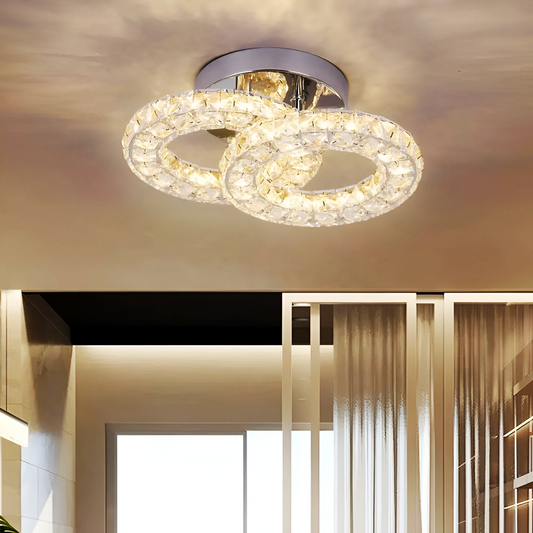 Lustra LED cu telecomanda si cristal ZABINA, 32W, 2 Cercuri, lumina Rece/Calda/Neutra, Dimabila, Crom Lucios