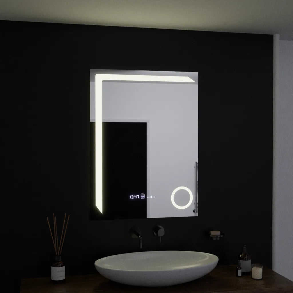 Oglinda LED Rectangulara, 60x80cm, Precision MotionGlow Marcello, Sistem Dezaburire, Ceas & Termometru, Lupa Cosmetica, Dimabila