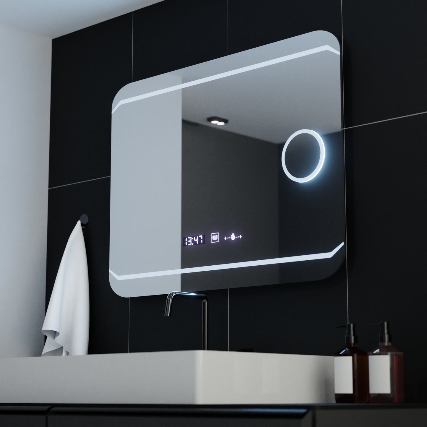 Oglinda LED Rectangulara, 80x60cm, Stile MotionGlow Marcello, Sistem Dezaburire, Ceas & Termometru, Lupa Cosmetica, Dimabila