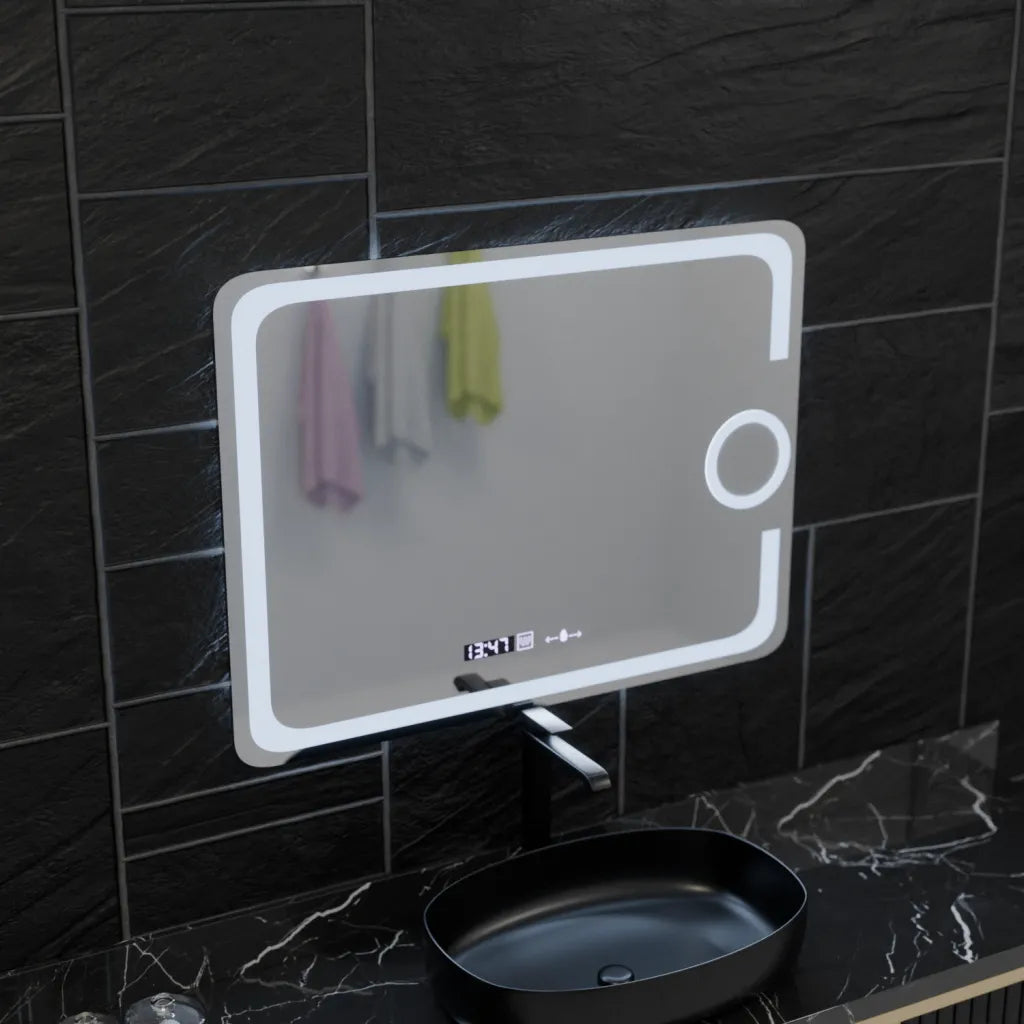 Oglinda LED Rectangulara, 80x60cm, Eclat MotionGlow Marcello, Sistem Dezaburire, Ceas & Termometru, Lupa Cosmetica, Dimabila