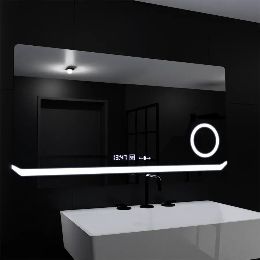 Oglinda LED Rectangulara, 80x60cm, Definition MotionGlow Marcello, Sistem Dezaburire, Ceas & Termometru, Lupa Cosmetica, Dimabila