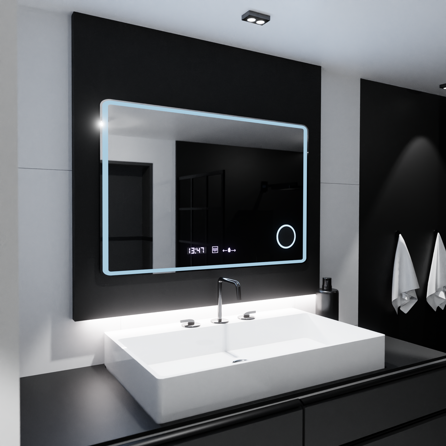Oglinda LED Rectangulara, 120x80cm, Aura Riflesso Puro MotionGlow Marcello, Sistem Dezaburire, Ceas & Termometru, Lupa Cosmetica, Dimabila