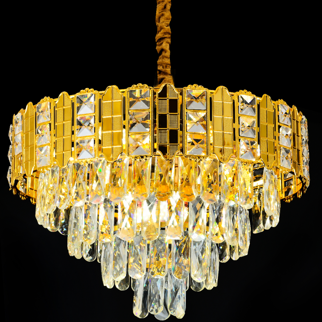 Candelabru Cristal NEXIA Velora 8xE14, Diametru 60cm, Auriu Lucios, Inaltime Regrabila