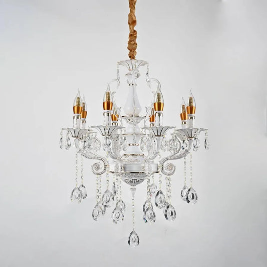 Candelabru Cristal Bruhier 8x E14, Diametru 65cm, Alb cu Auriu, Inaltime Reglabila