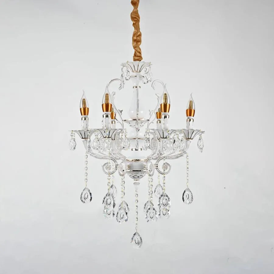 Candelabru Cristal Bruhier 6x E14, Diametru 55cm, Alb cu Auriu, Inaltime Reglabila