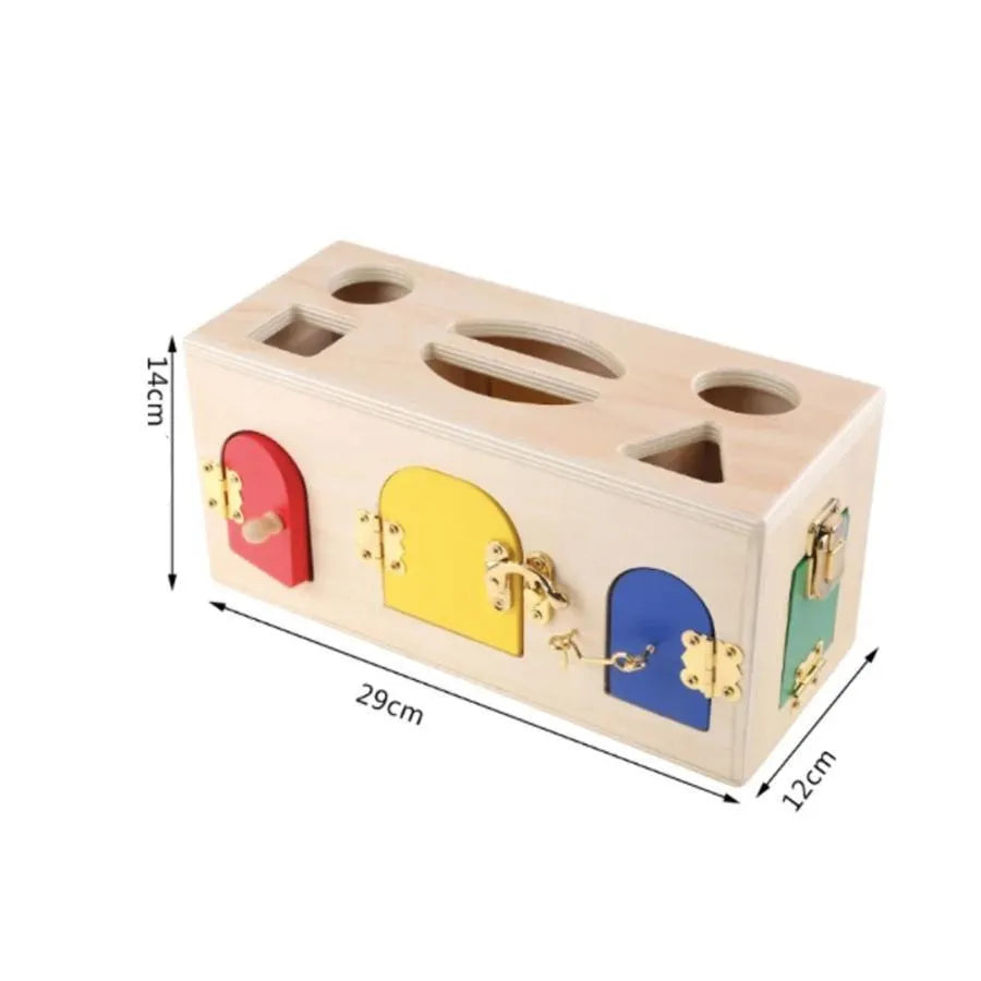 Jucarie Educativa Montessori Cubul Incuietorilor, 5 Piese, Multicolor, Lemn