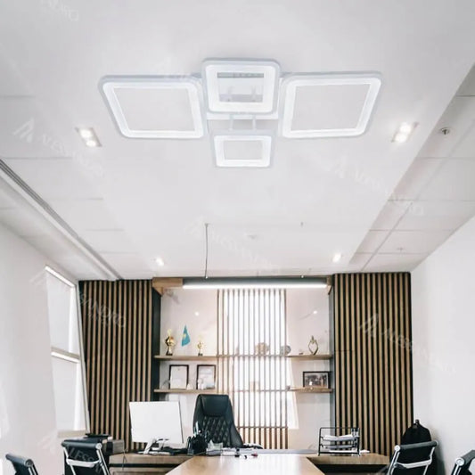 Lustra LED cu Telecomanda, ELLA, 4 Patrate, 85W, Lumina Rece/Calda/Neutra, Dimabila, Alb