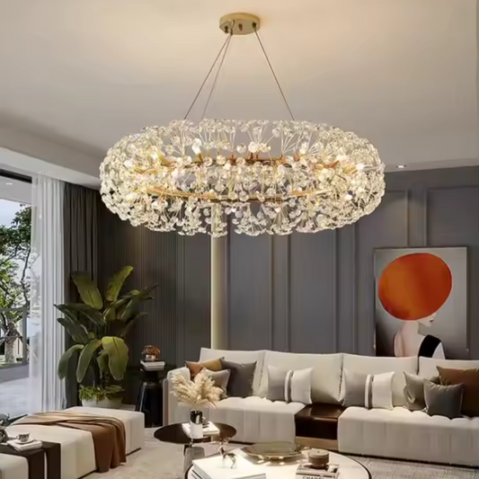 Candelabru Cristal MINUET 12x G9, Diametru 60cm, Auriu Lucios, Inaltime Reglabila