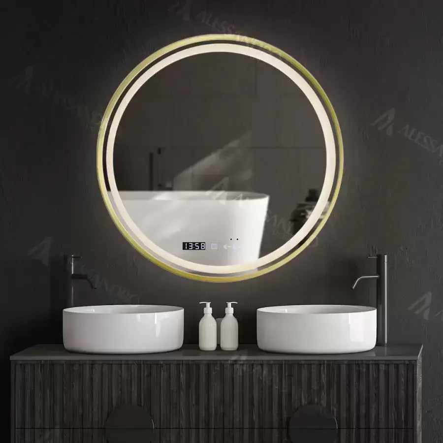 Oglinda LED Rotunda, 60cm, Celeste Royale Gold MotionGlow Marcello, Sistem Dezaburire, Ceas & Termometru, Dimabila