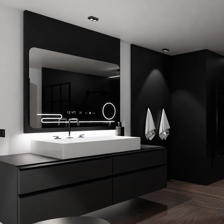 Oglinda LED Rectangulara, 120x80cm, Harmonie MotionGlow Marcello, Sistem Dezaburire, Ceas & Termometru, Lupa Cosmetica, Dimabila