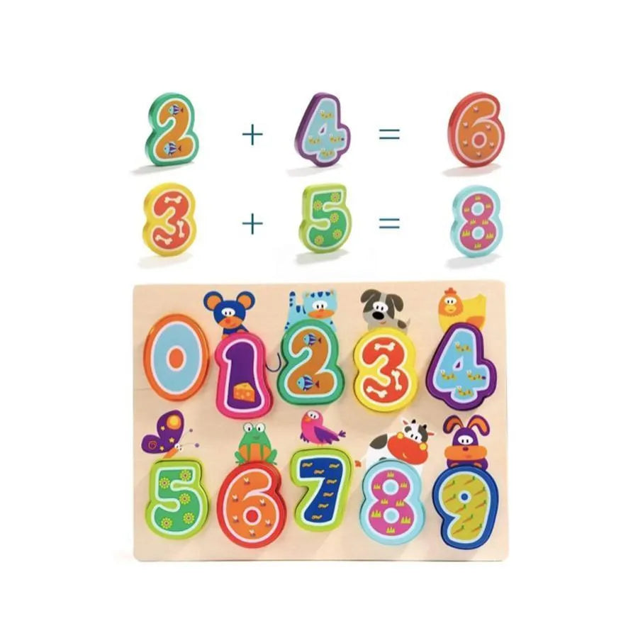 Tablita cu Animale si Numere Multicolore, 11 Piese, Lemn