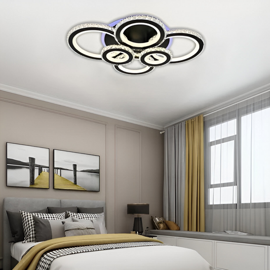 Lustra LED cu telecomanda si cristal NOVA ROTONDA RGB, 154W, 6 Cercuri, lumina Rece/Calda/Neutra, Dimabila, Negru