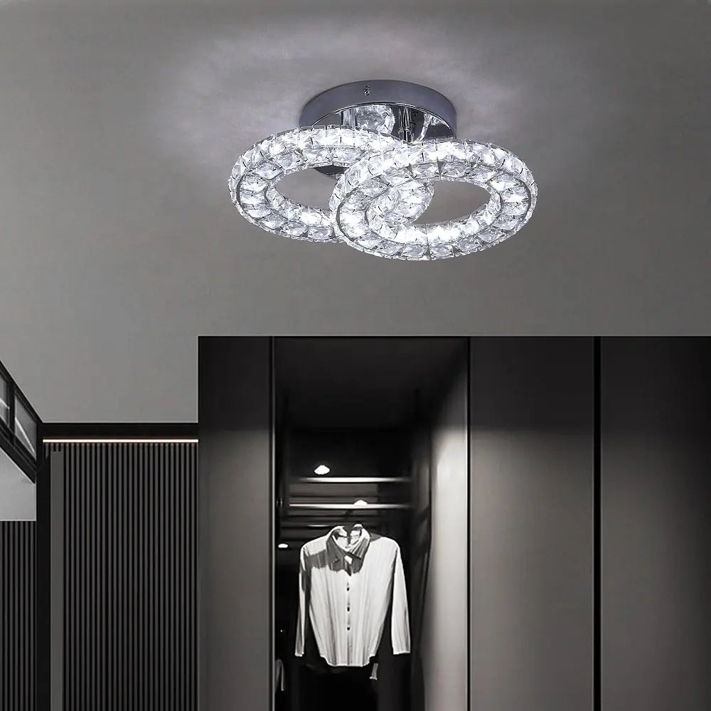 Lustra LED cu telecomanda si cristal ZABINA, 32W, 2 Cercuri, lumina Rece/Calda/Neutra, Dimabila, Crom Lucios