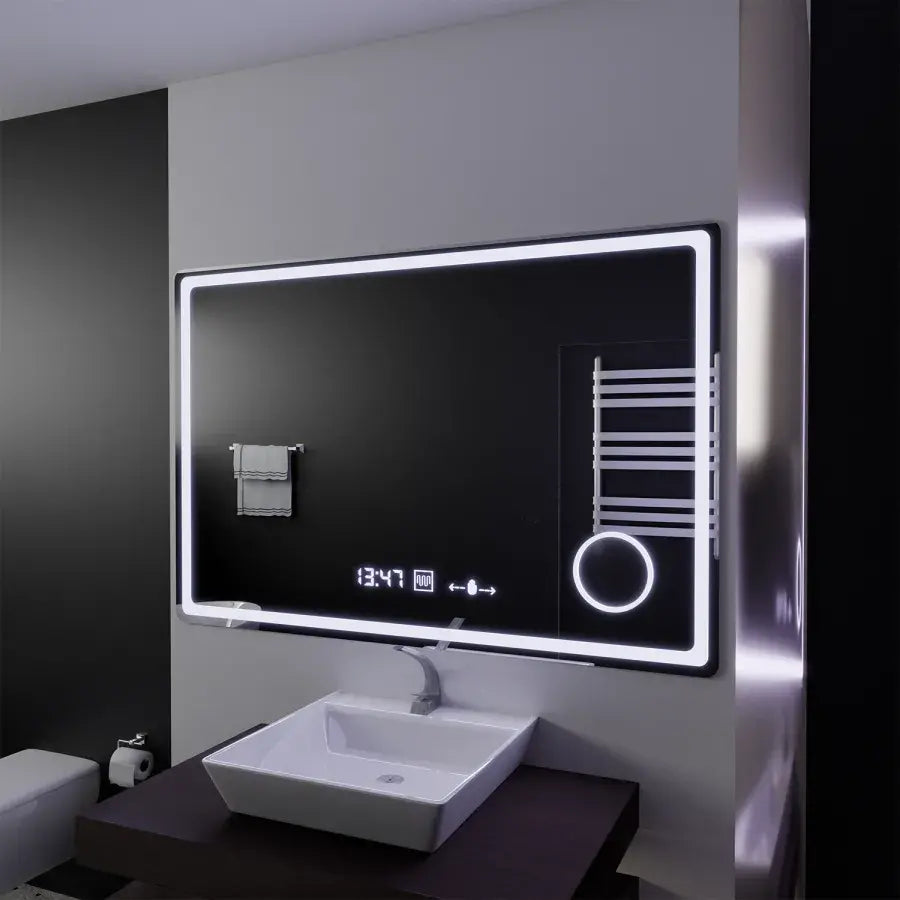 Oglinda LED Rectangulara, 120x80cm, Souverain MotionGlow Marcello, Sistem Dezaburire, Ceas & Termometru, Lupa Cosmetica, Dimabila
