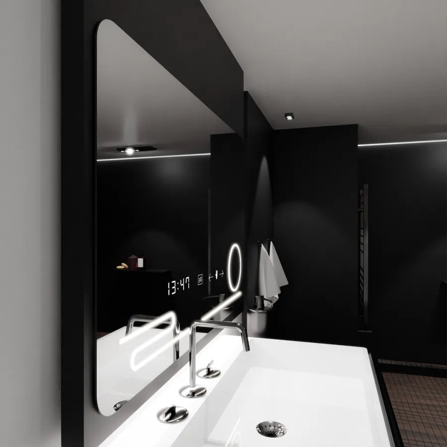 Oglinda LED Rectangulara, 100x60cm, Harmonie MotionGlow Marcello, Sistem Dezaburire, Ceas & Termometru, Lupa Cosmetica, Dimabila