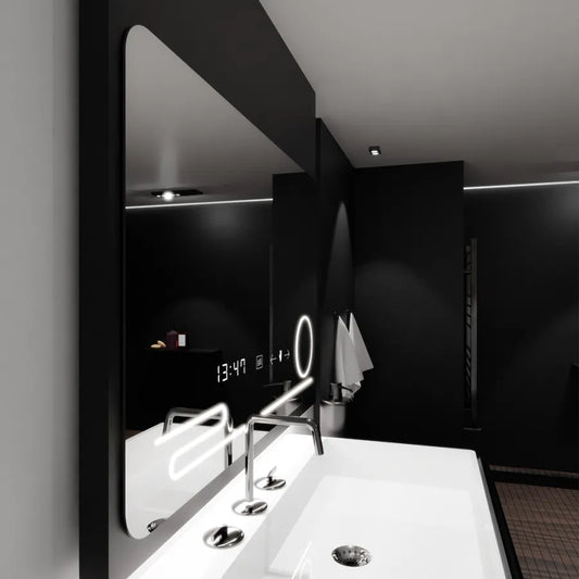 Oglinda LED Rectangulara, 100x60cm, Harmonie MotionGlow Marcello, Sistem Dezaburire, Ceas & Termometru, Lupa Cosmetica, Dimabila