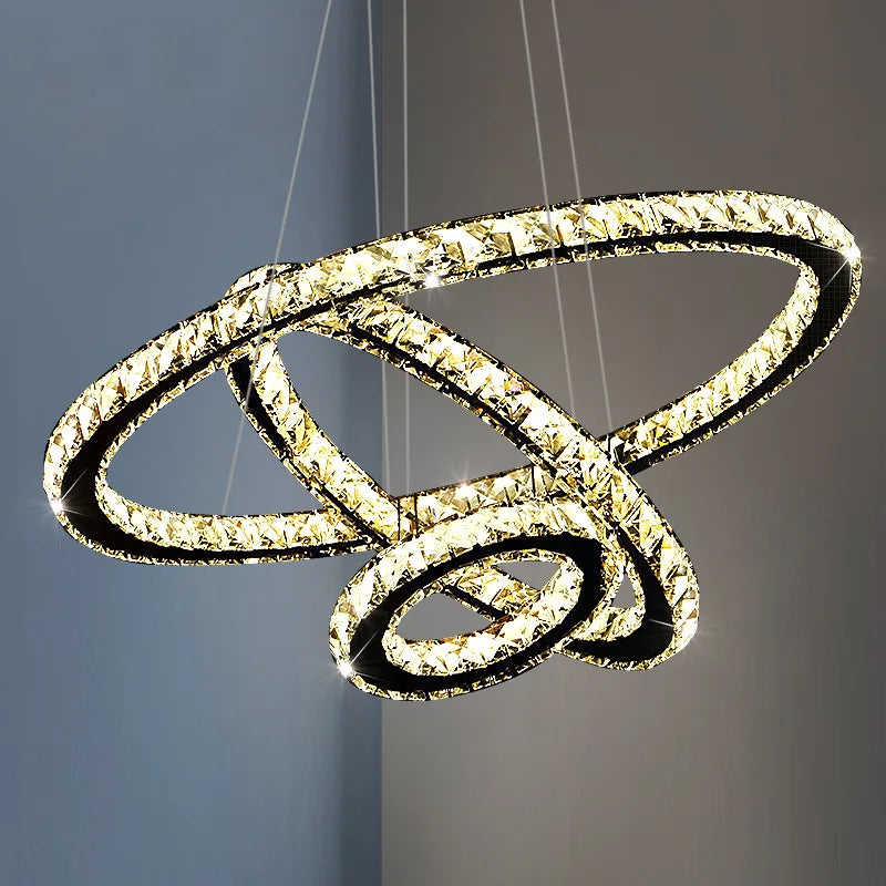 Lustra LED suspendata cu telecomanda si cristal PRISM LUMINIS , 78W, 3 Cercuri, lumina Rece/Calda/Neutra, Dimabila, Argintiu, Inaltime Reglabila