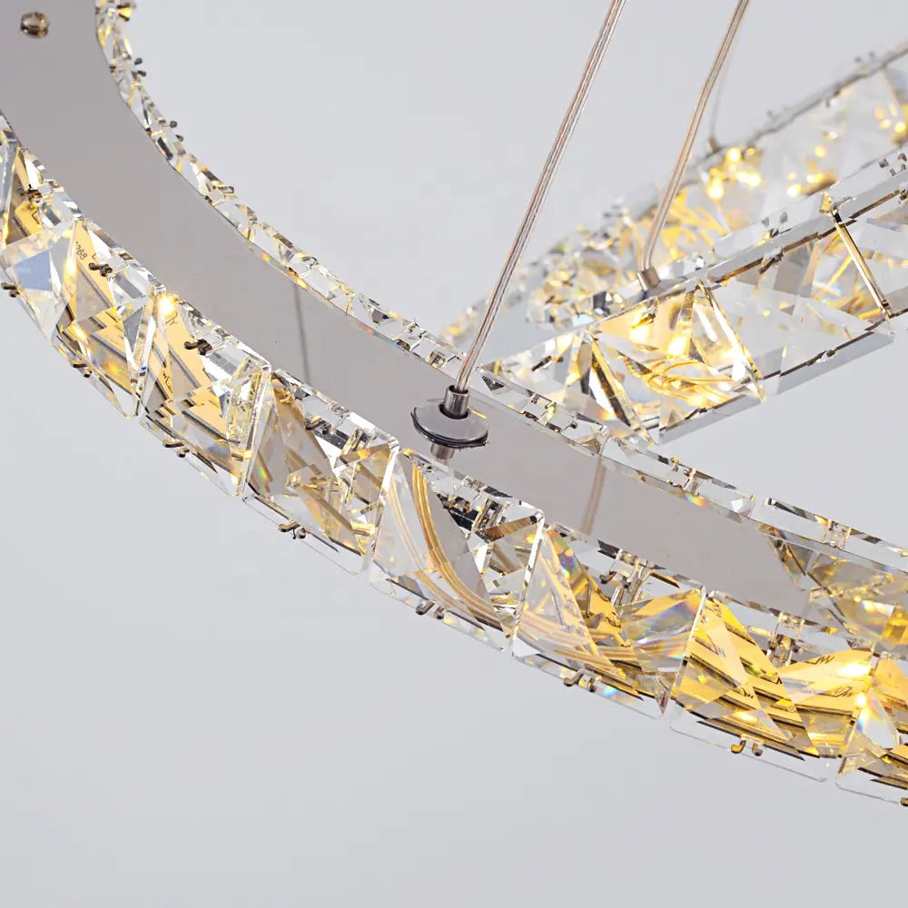 Lustra LED cu telecomanda si cristal PRISM LUMINIS, 58W, 2 Cercuri, lumina Rece/Calda/Neutra, Dimabila, Argintiu, Inaltime Reglabila