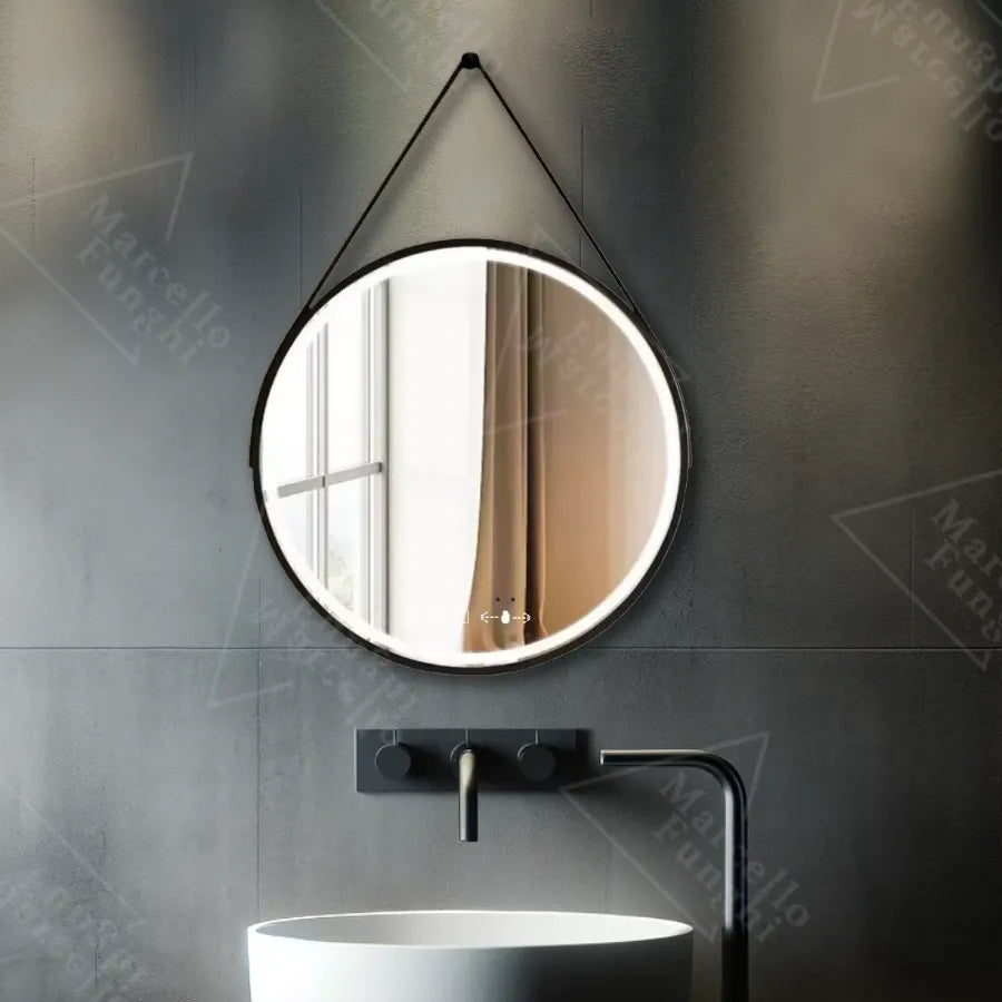 Oglinda LED Rotunda, 50cm, Celeste Majeste Noir Eleve MotionGlow Marcello, Sistem Dezaburire, Ceas & Termometru, Dimabila