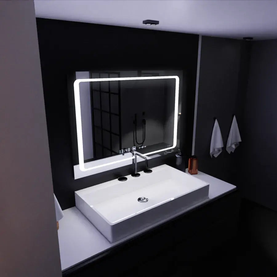 Oglinda LED Rectangulara, 90x60cm, Sole Senzor Marcello, Sistem Dezaburire, Ceas & Termometru, Dimabila