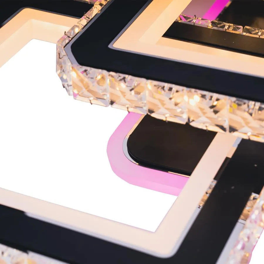 Lustra LED cu telecomanda si cristal LEILA RGB, 236W, 8 Patrate, lumina Rece/Calda/Neutra, Dimabila, Negru