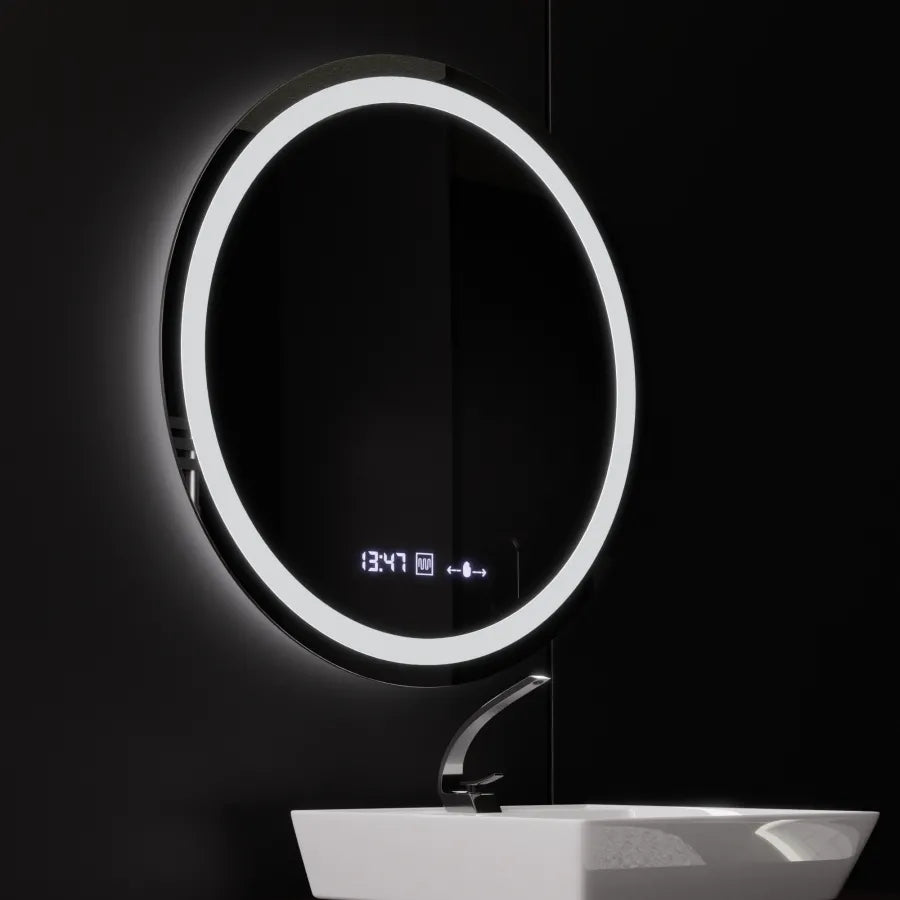 Oglinda LED Rotunda, 80cm, Celeste MotionGlow Marcello, Sistem Dezaburire, Ceas & Termometru, Dimabila