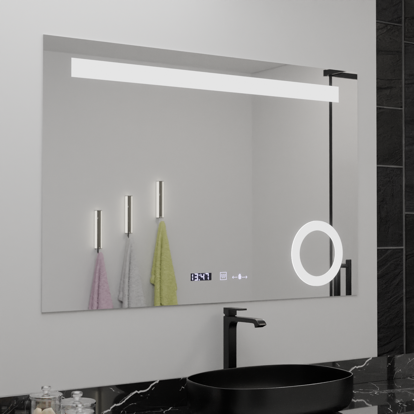 Oglinda LED Rectangulara, 80x60cm, ABSOLU MotionGlow Marcello, Sistem Dezaburire, Ceas & Termometru, Lupa Cosmetica, Dimabila