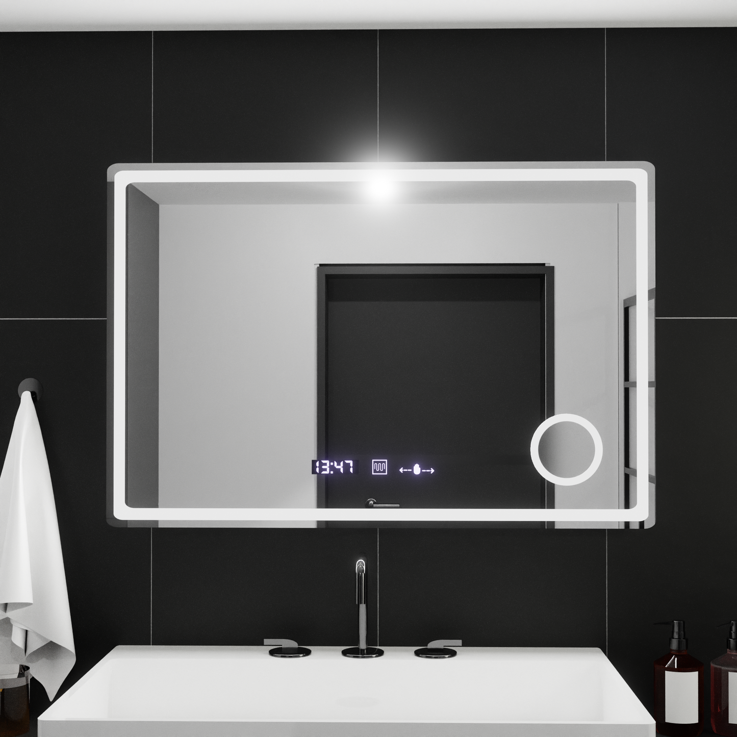 Oglinda LED Rectangulara, 90x60cm, Bellezza Riflesso Puro MotionGlow Marcello, Sistem Dezaburire, Ceas & Termometru, Lupa Cosmetica,  Dimabila