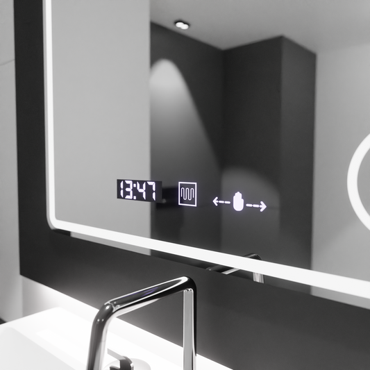 Oglinda LED Rectangulara, 90x75cm, Eco Riflesso Puro MotionGlow Marcello, Sistem Dezaburire, Ceas & Termometru, Lupa Cosmetica, Dimabila