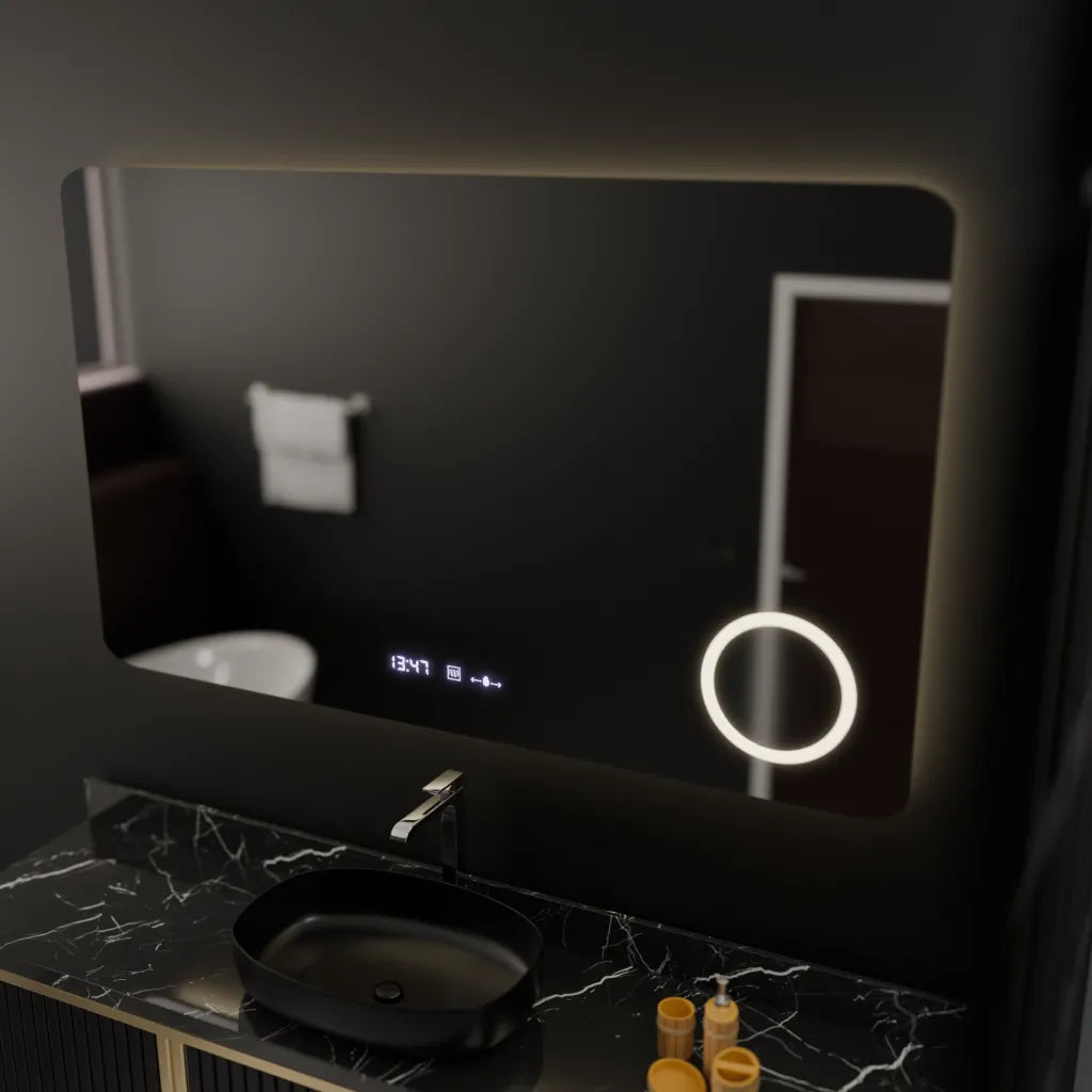 Oglinda LED Rectangulara, 100x60cm, Celeste MotionGlow Marcello, Sistem Dezaburire, Ceas & Termometru, Lupa Cosmetica, Dimabila