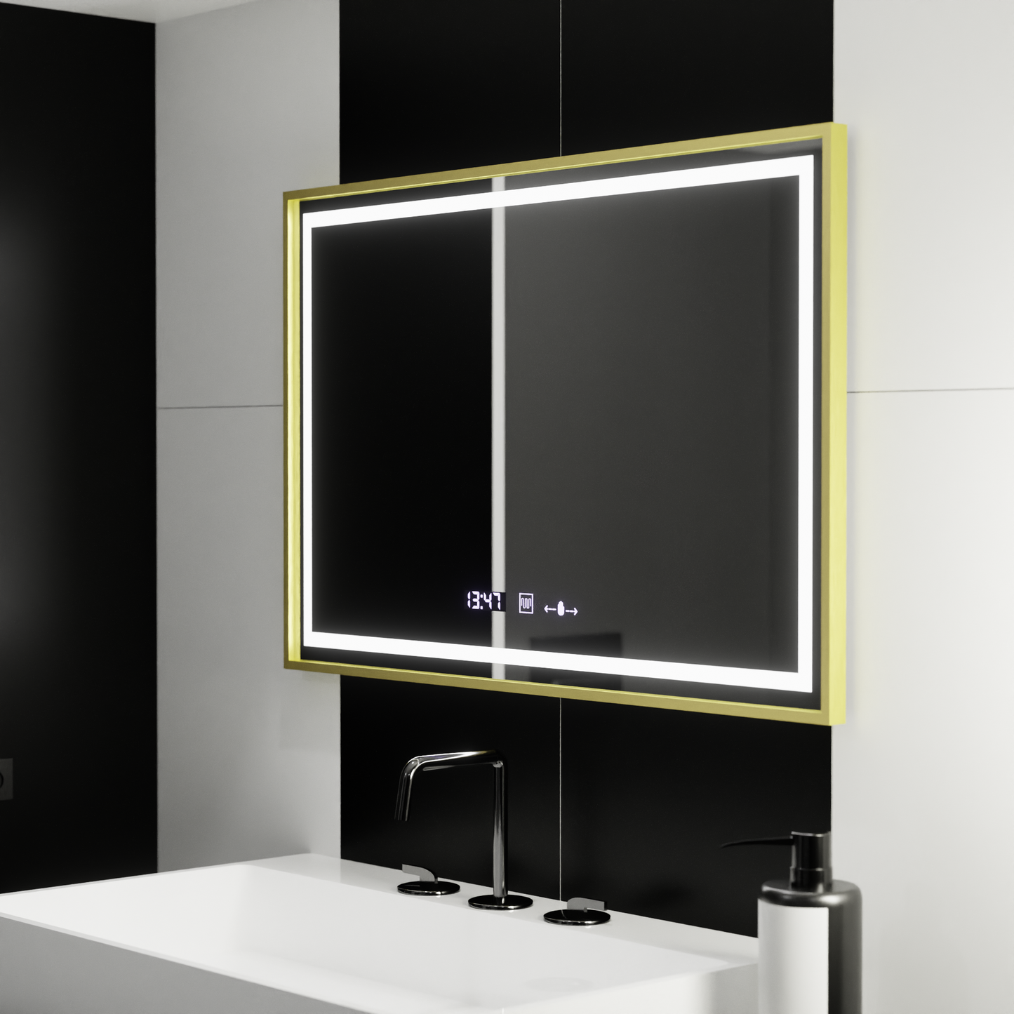 Oglinda LED Rectangulara, 100x65cm, Verite Royale Gold Motion Glow Marcello, Sistem Dezaburire, Ceas & Termometru, Dimabila