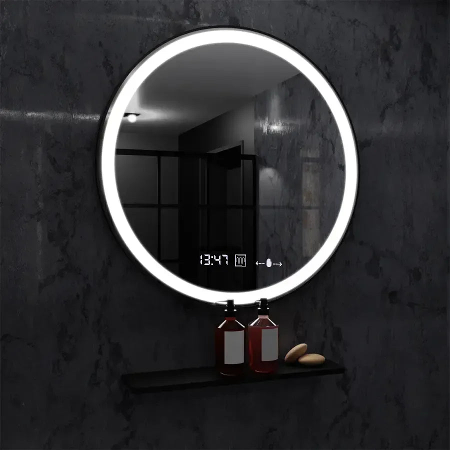 Oglinda LED Rotunda, 70cm, Celeste Majeste Noir MotionGlow Marcello, Sistem Dezaburire, Ceas & Termometru, Dimabila