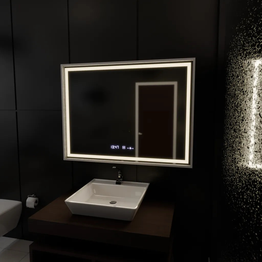 Oglinda LED Rectangulara, 80x60cm, Verite Imperial Silver Motion Glow Marcello, Sistem Dezaburire, Ceas & Termometru, Dimabila