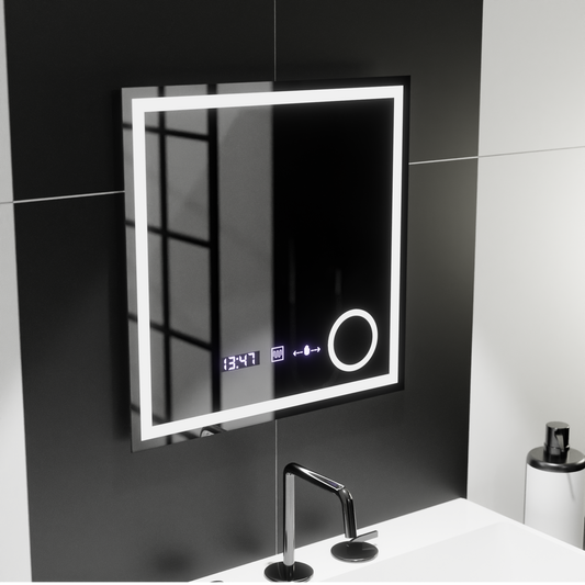 Oglinda LED Rectangulara, 60x60cm, Souverain MotionGlow Marcello, Sistem Dezaburire, Ceas & Termometru, Lupa Cosmetica, Dimabila