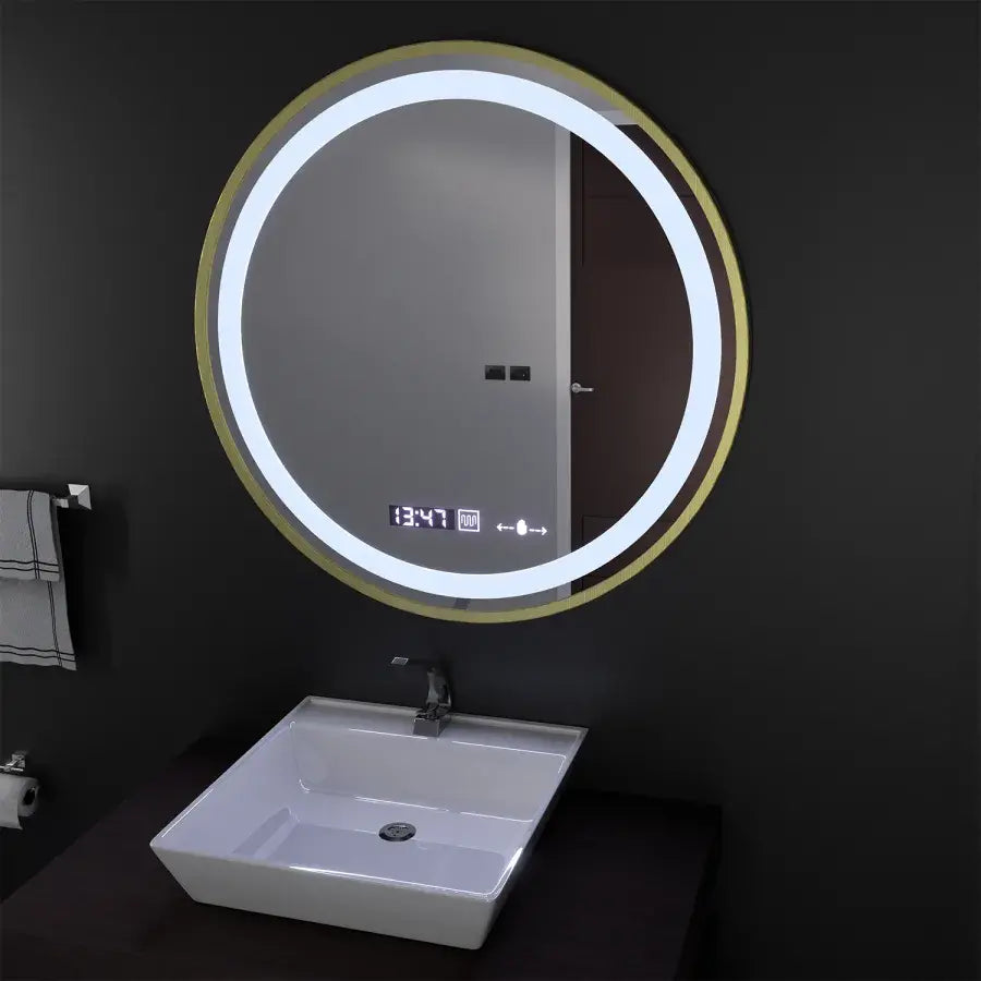 Oglinda LED Rotunda, 70cm, Celeste Royale Gold MotionGlow Marcello, Sistem Dezaburire, Ceas & Termometru, Dimabila