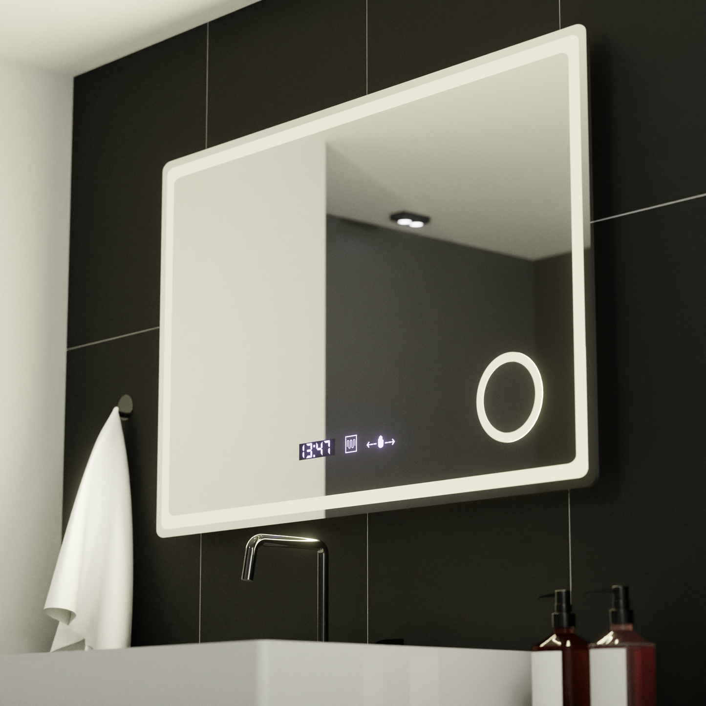 Oglinda LED Rectangulara, 90x60cm, Bellezza Riflesso Puro MotionGlow Marcello, Sistem Dezaburire, Ceas & Termometru, Lupa Cosmetica,  Dimabila