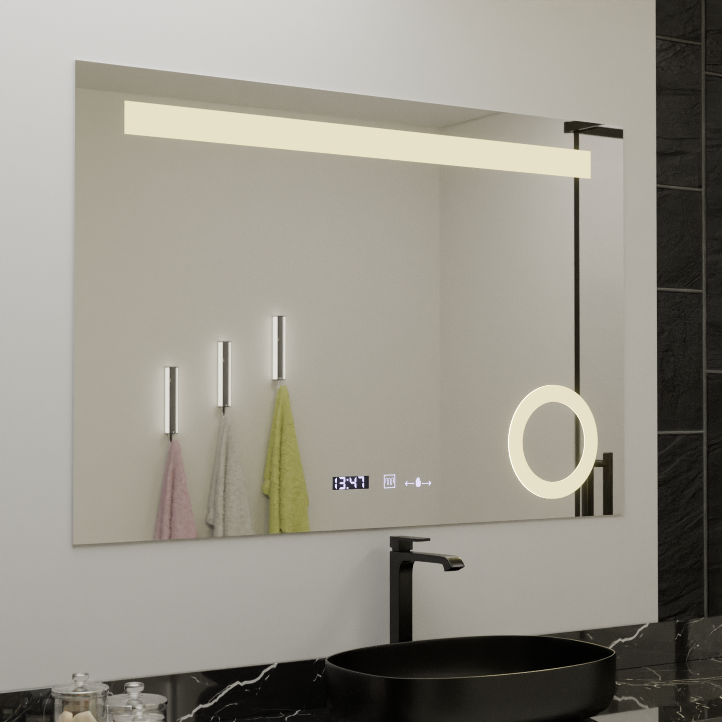 Oglinda LED Rectangulara, 80x60cm, ABSOLU MotionGlow Marcello, Sistem Dezaburire, Ceas & Termometru, Lupa Cosmetica, Dimabila