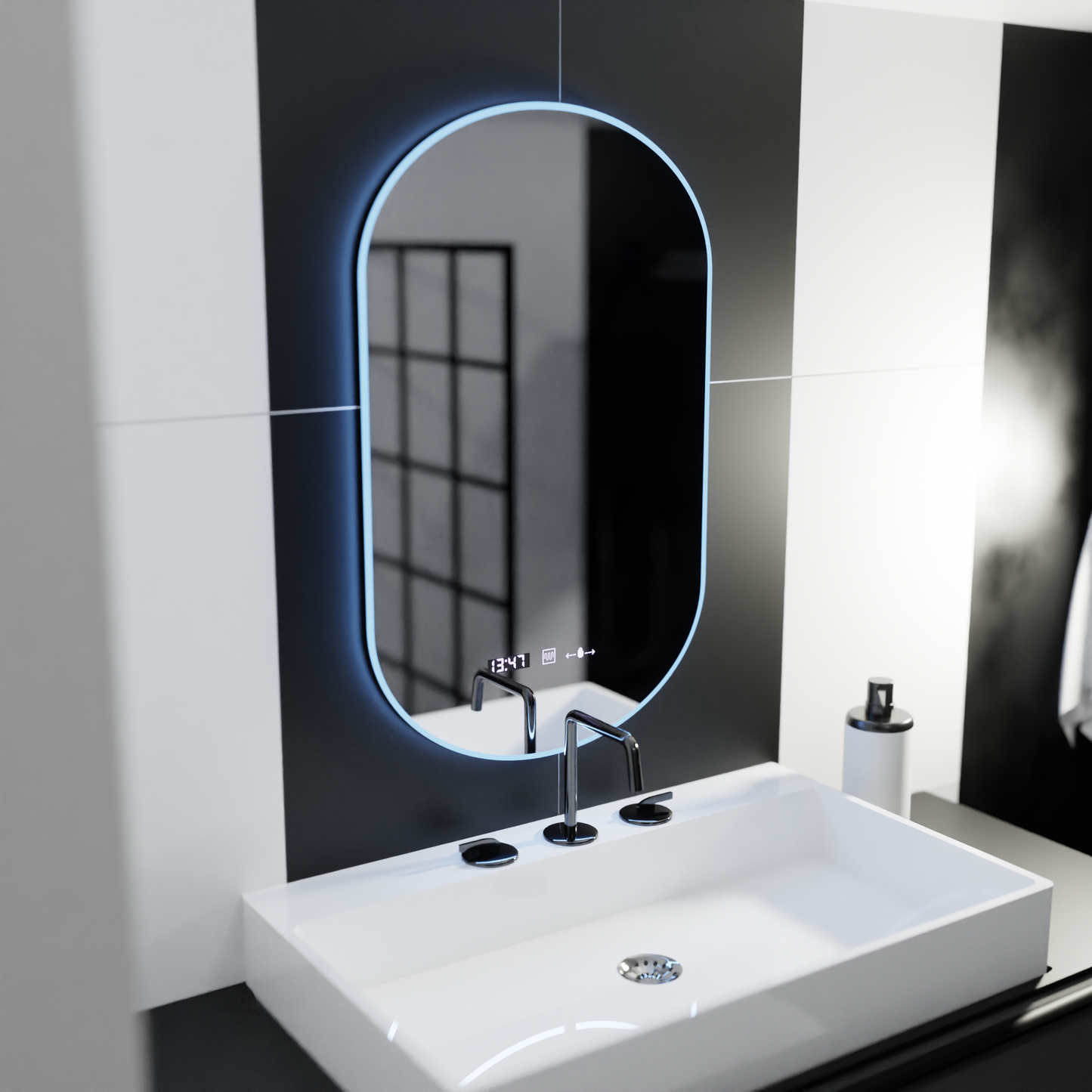 Oglinda LED Ovala, 50x80cm, Lucia Senzor Marcello, Sistem Dezaburire, Ceas & Termometru, Dimabila