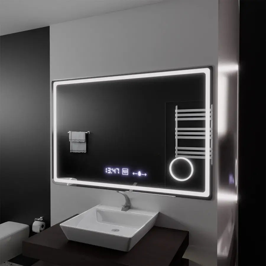 Oglinda LED Rectangulara, 120x80cm, Souverain MotionGlow Marcello, Sistem Dezaburire, Ceas & Termometru, Lupa Cosmetica, Dimabila