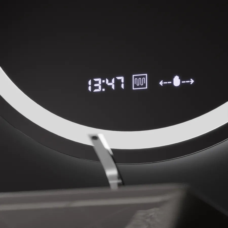 Oglinda LED Rotunda, 80cm, Celeste MotionGlow Marcello, Sistem Dezaburire, Ceas & Termometru, Dimabila