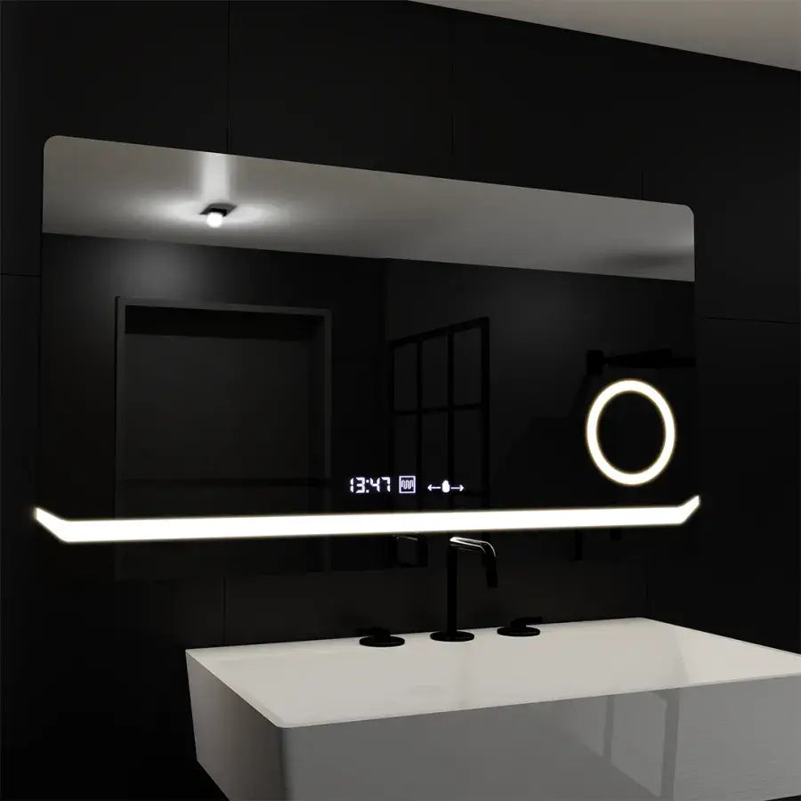 Oglinda LED Rectangulara, 80x60cm, Definition MotionGlow Marcello, Sistem Dezaburire, Ceas & Termometru, Lupa Cosmetica, Dimabila