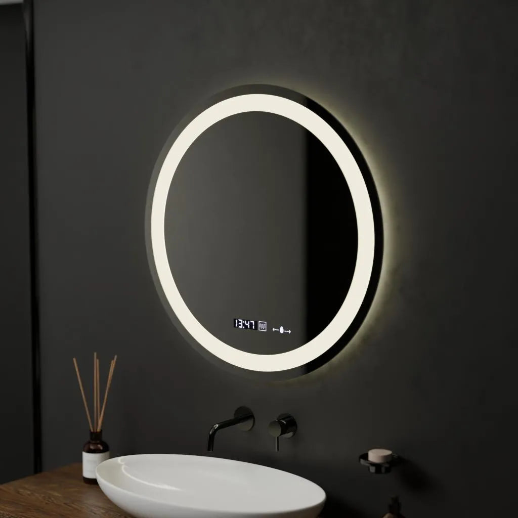 Oglinda LED Rotunda, 60cm, Celeste MotionGlow Marcello, Sistem Dezaburire, Ceas & Termometru, Dimabila