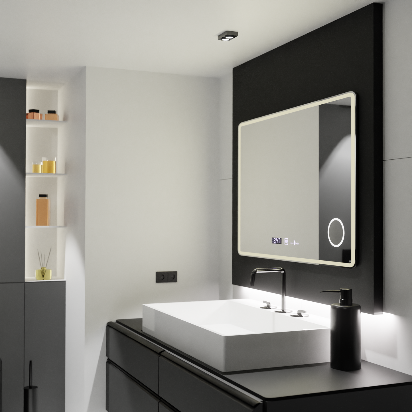 Oglinda LED Rectangulara, 120x80cm, Aura Riflesso Puro MotionGlow Marcello, Sistem Dezaburire, Ceas & Termometru, Lupa Cosmetica, Dimabila