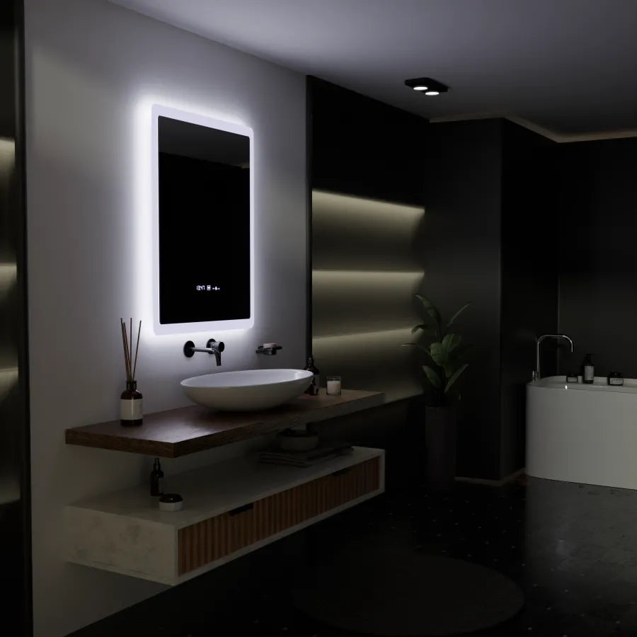 Oglinda LED Rectangulara, 60x80cm, Pugliesi Senzor MotionGlow Marcello, Sistem Dezaburire, Ceas & Termometru, Dimabila