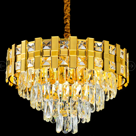 Candelabru Cristal AURELIO Tesoro 8xE14, Diametru 49cm, Auriu Lucios, Inaltime Regrabila