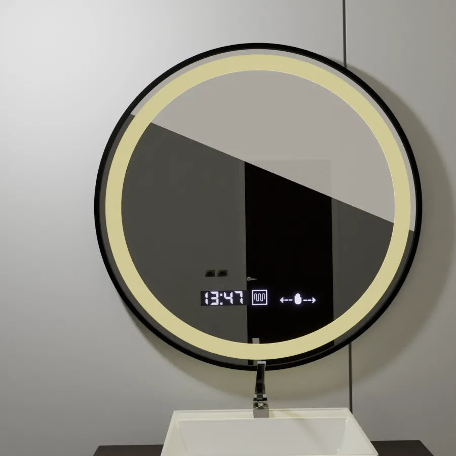 Oglinda LED Rotunda, 70cm, Celeste Majeste Noir MotionGlow Marcello, Sistem Dezaburire, Ceas & Termometru, Dimabila
