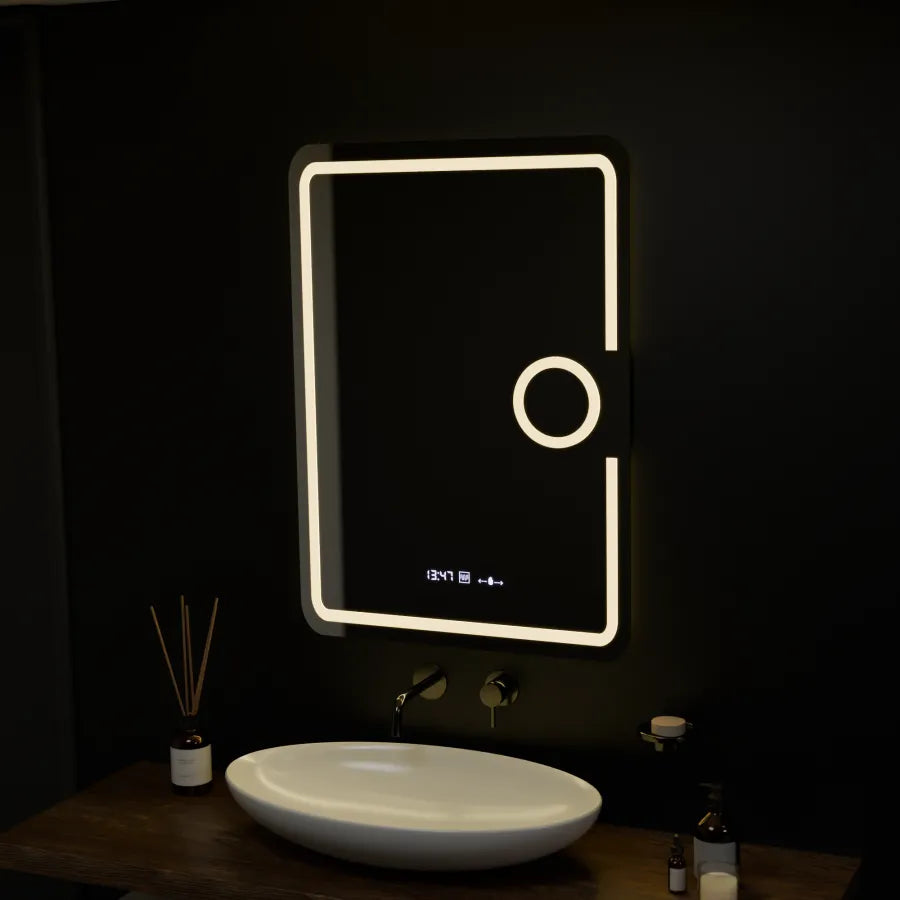 Oglinda LED Rectangulara, 50x70cm, Eclat MotionGlow Marcello, Sistem Dezaburire, Ceas & Termometru, Lupa Cosmetica, Dimabila