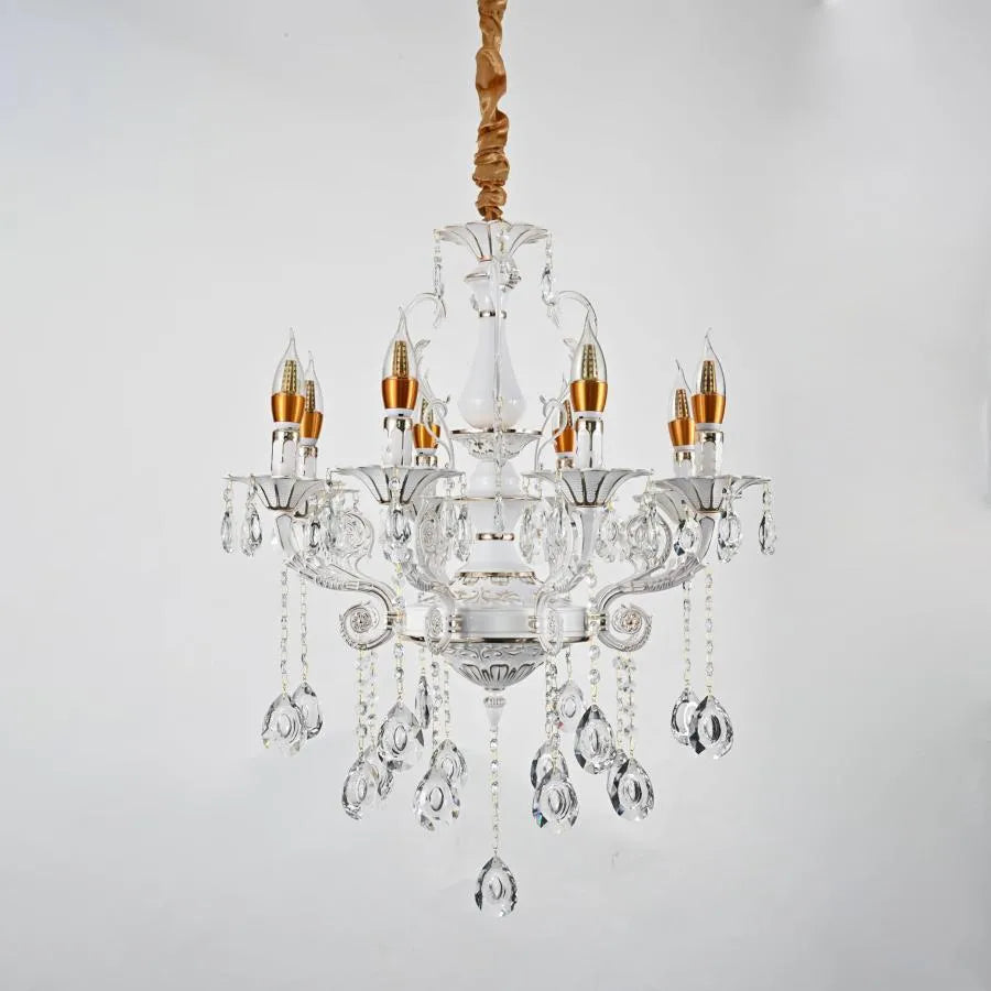 Candelabru Cristal Bruhier 8x E14, Diametru 65cm, Alb cu Auriu, Inaltime Reglabila
