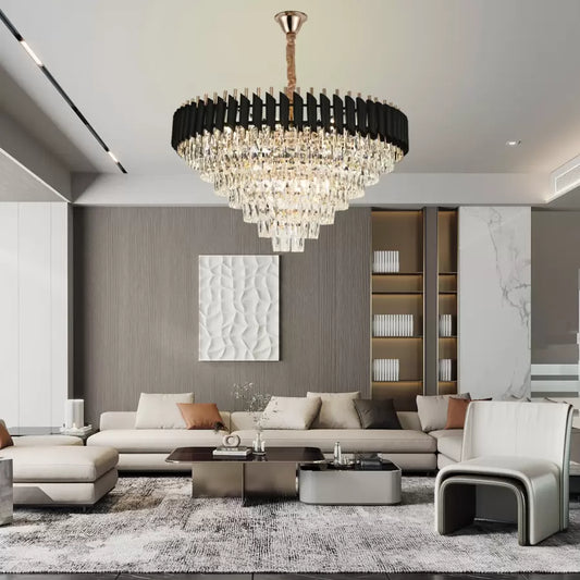 Candelabru Cristal VERSAILLES Supremo 12xE27, Diametru 80cm, Auriu Lucios si Negru, Inaltime Reglabila